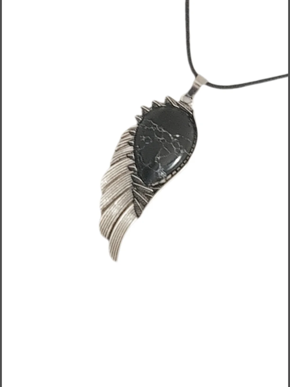 Elegant Silver Wing Natural Stone Pendant w/ Cord Necklace NWOT